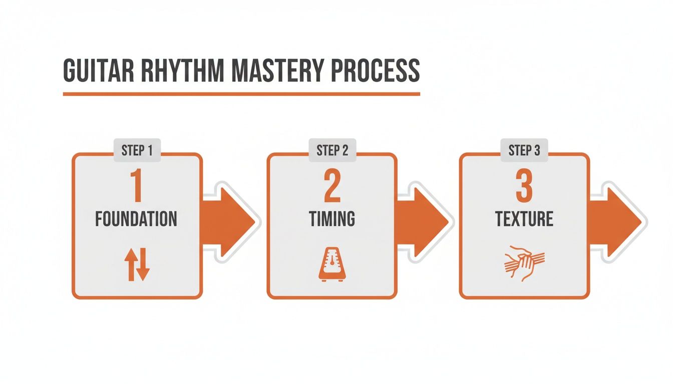 A 3-step infographic showing the guitar rhythm mastery process: Foundation, Timing, and Texture.