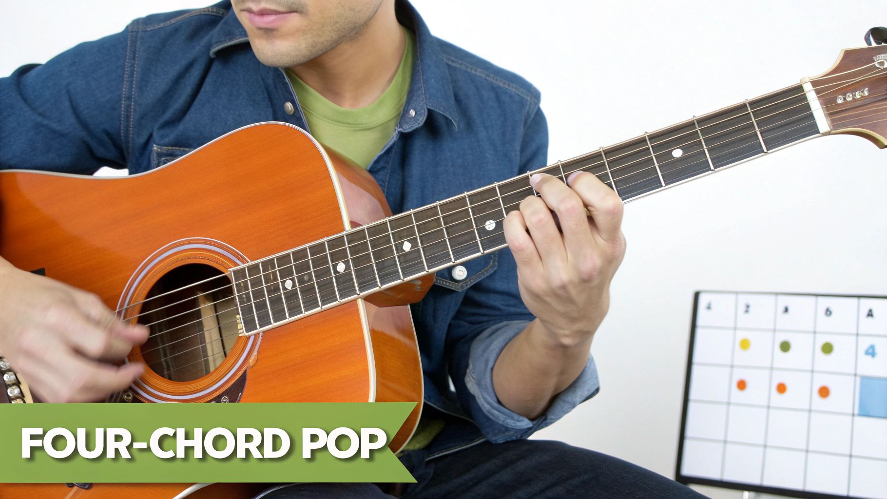 A person in a denim shirt playing an acoustic guitar, learning four-chord pop songs.