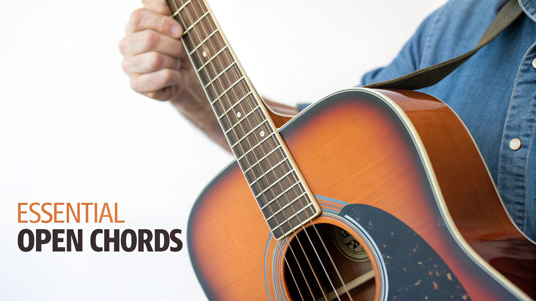 Close-up of a person playing a sunburst acoustic guitar, showcasing 'ESSENTIAL OPEN CHORDS' on a white background.