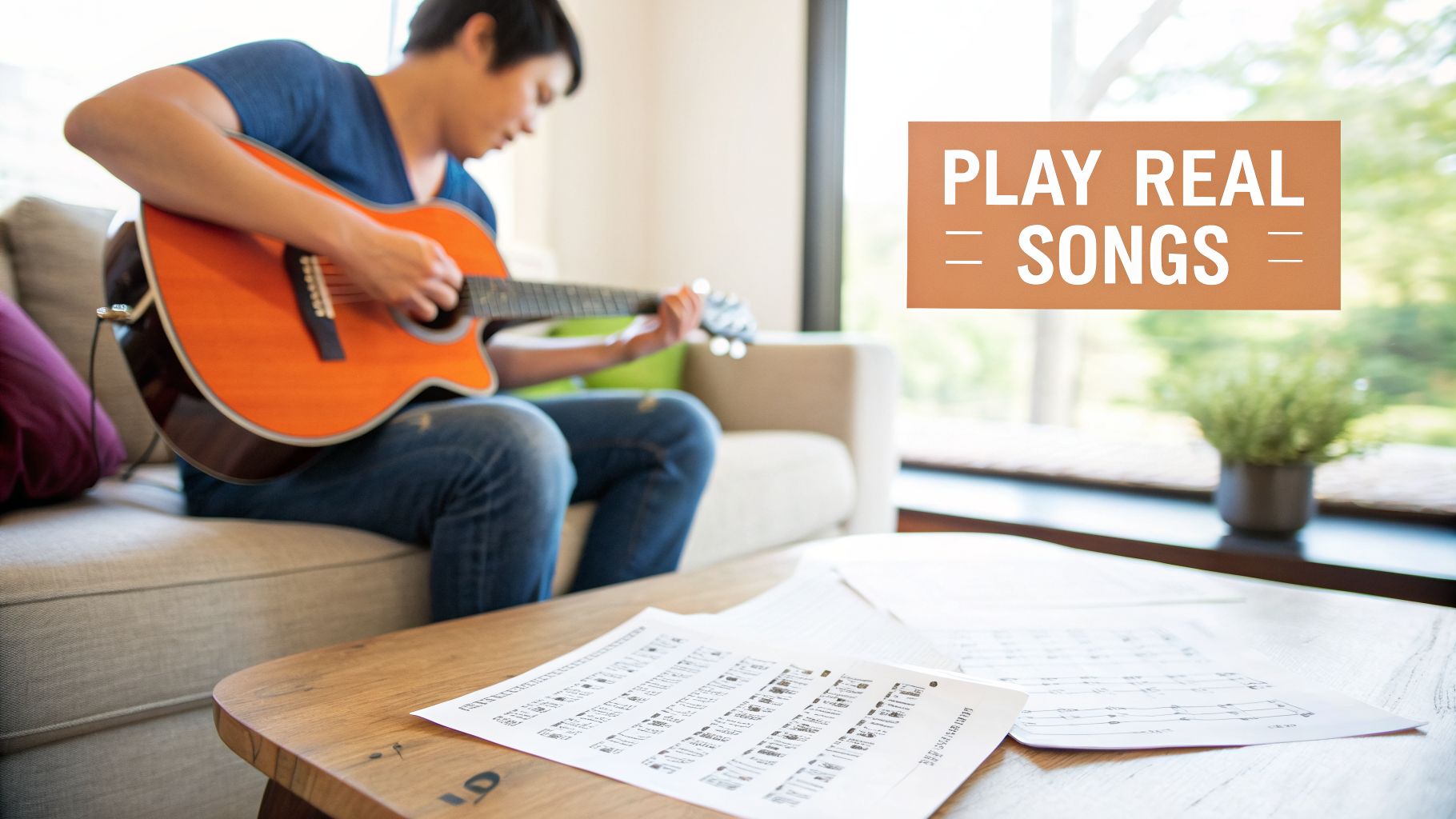 A person sits on a couch, playing an acoustic guitar with sheet music on a coffee table.