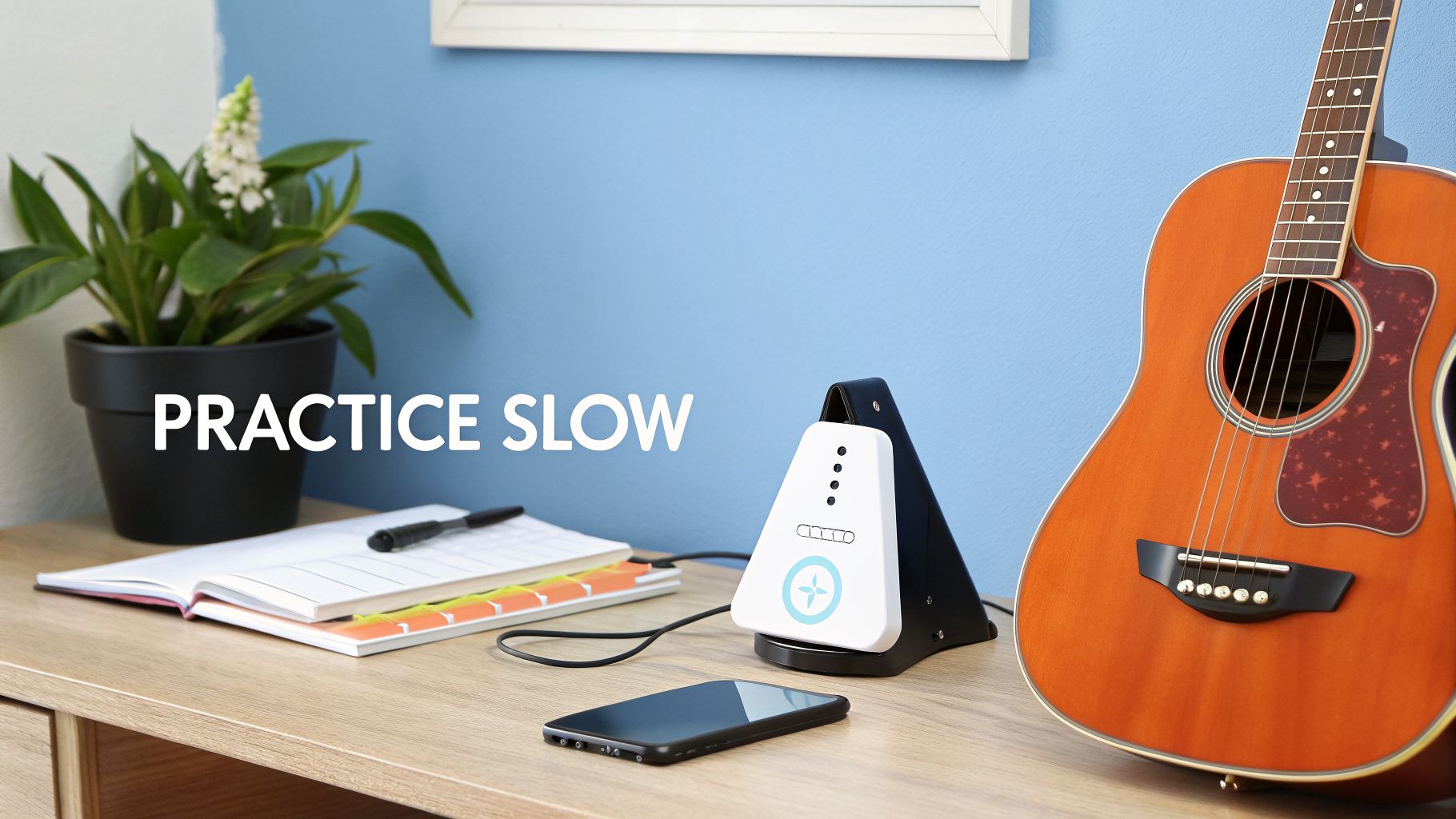 Acoustic guitar, white smart device, and smartphone on a wooden desk with a plant and notebook.